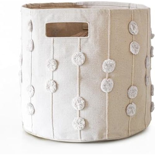 MakeMake Organics Storage Bins for Kids Nursery Bin Organizer (13"x12") Laundry Basket for Closet, Decorative Floor Storage Basket Canvas Fabric Storage Basket (Pompom - Ivory)