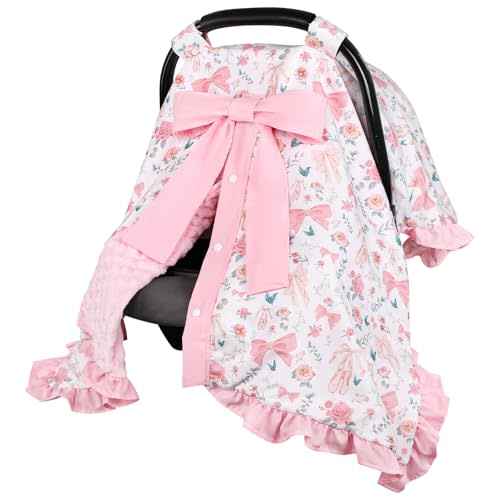 Baby Car Seat Cover, Soft Minky Warm Winter Car Seat Canopy with a Bow for Infants & Toddlers, Opening with Adjustable Strap, Breathable Nursing Cover & Stroller Blanket, Pink
