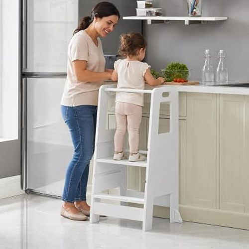 Toddler Tower – Montessori Step Stool for Toddlers with Safety Guardrails, Adjustable Kids Kitchen Stool Helper for Cooking & Learning, White