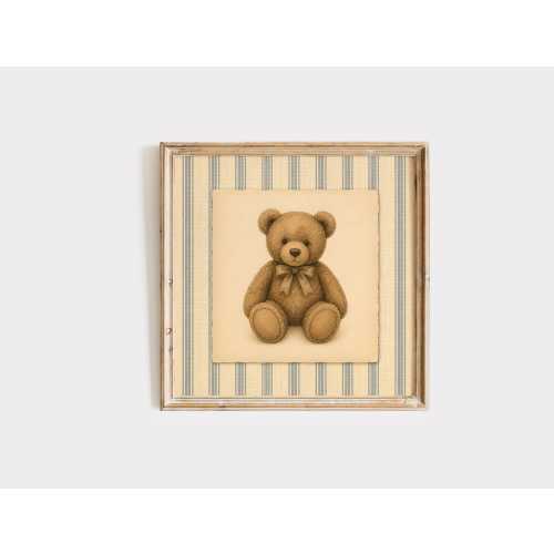 Teddy Bear Print, Vintage Nursery Wall Art, Blue Striped Baby Room Poster