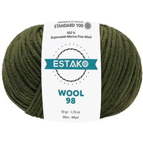 Estako Wool 98 100% Superwash Merino Wool Worsted Weight Yarn, Olive Green