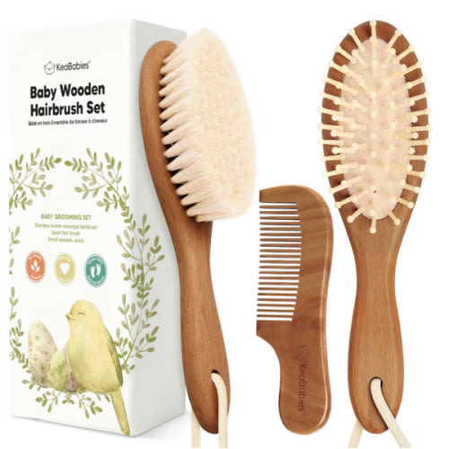Baby Hair Brush and Comb Set for Newborn - Wooden Baby Hair Brush Set with Soft Goat Bristle, Baby Brush Set for Newborns,Baby Brush and Comb Set Girl, Boy,Toddler Cradle Cap Brush (Oval, Dark Walnut)