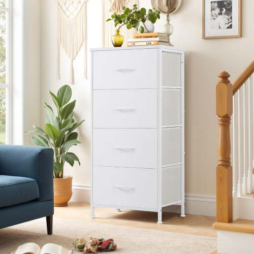 TINKLE WELL Storage Dresser with 4 Drawers, Removable Bins, Modern Wide Soft Fabric Chest Organizer for Bedroom, Hallway, White