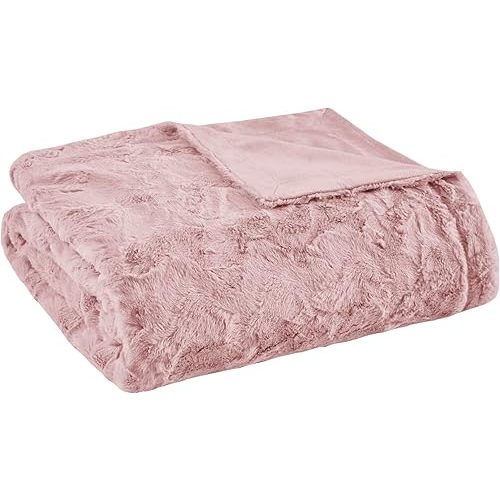 Madison Park Zuri Soft Plush Luxury Oversized Faux Fur Throw Animal Stripes Design, Faux Mink On The Reverse, Modern All Seasons Blanket for Bed, Sofa Couch, Office, Blush, 60x70