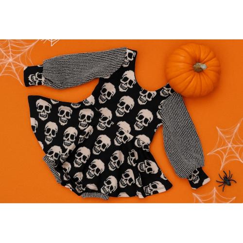 Skull Baby Romper: Black Skirted Romper with Striped Sleeves