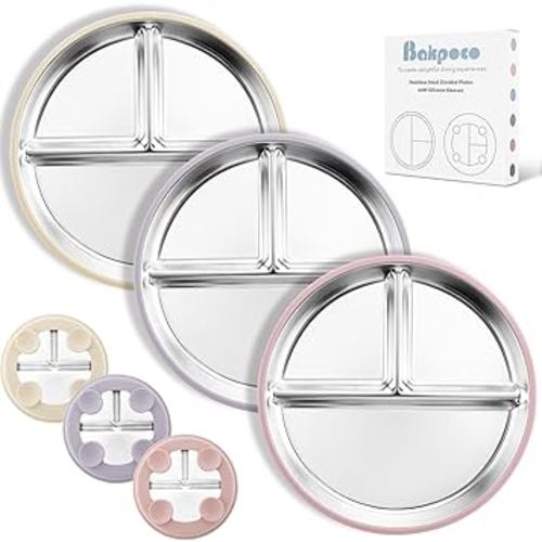 Stainless Steel Suction Plates for Toddlers, 9" Divided Kids Baby Plates with Removable Silicone Suction, Non Toxic Non Slip Portion Control Snack Dishes 3 Packs, Pink Beige Lilac