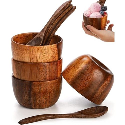 Lyellfe Set of 4 Acacia Wooden Bowl, 4 Oz Small Dipping Sauce Bowl with Spoon, 3 Inch Charcuterie Dish, Soup Water Cup for Condiments, Jam, Nuts, Appetizer, Snack, Yogurt