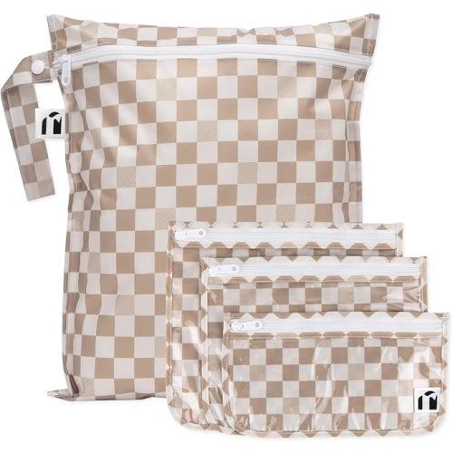 Bumkins Roamio Waterproof Wet Bag & Clear Travel Bags - For Beach, Baby, Travel, Swim Suit, Cloth Diapers, Pump Parts, Pool, Gym, Toiletries - Reusable & Easy to Clean - Beige Check - 4 Pack
