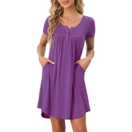 cheibear Women's Pajama Dress with Pockets 2026 Short Sleeve Button Up Sleepwear Lounge Nightgowns X-Large Dark Purple