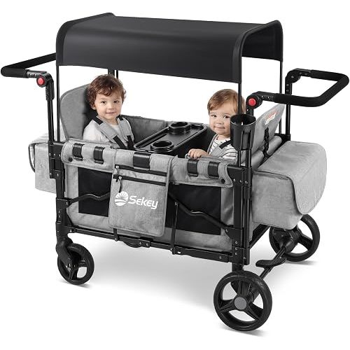 Sekey Wagon Stroller for 2 Kids, Luxury 4-in-1 Stroller Wagon - Premium Quality with Convertible Seats, Adjustable Push Handles, Removable Canopy, Cup Holder, Snack Tray & Cooler, US Certified.