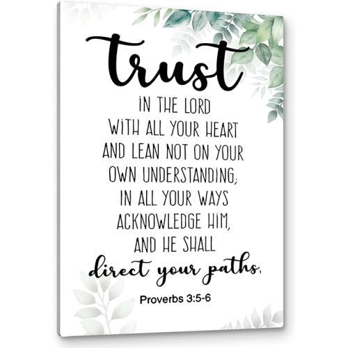 PHAMTE Proverbs 3:5-6 Trust In The Lord With All Your Heart Christian Wall Art, Bible Scripture Wall Decor,Christian Bible Scripture Print Framed Canvas Wall Art Home Office Church Decor(16x24)(white)