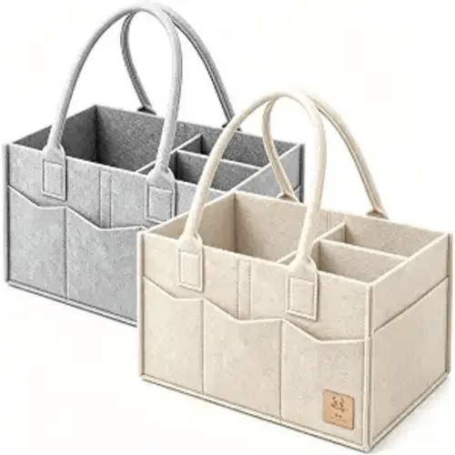 HIPHOP PANDA 2-Pack Diaper Caddy Organizer - Newborn Essentials Baby Registry Must Haves - Sturdy Nursery Storage Bin & Portable Car Caddy for Diapers & Wipes - Grey/Oatmeal Gift Set