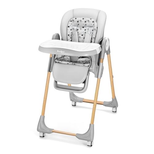 Foldable High Chair with Soft Cushion, High Chairs for Babies and Toddlers, Height Adjustable Feeding Chair, Adjustable Backrest and Footrest, Lockable Wheels, Woodgrain Star Gray