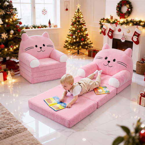Daluvenix Toddler Sofa Chair, 2 In 1 Soft Convertible Kids Couch for Girls Boys, Cute Cartoon Armchair sofa bed for playroom, Best Birthday Gifts for Kids, Pink Cat