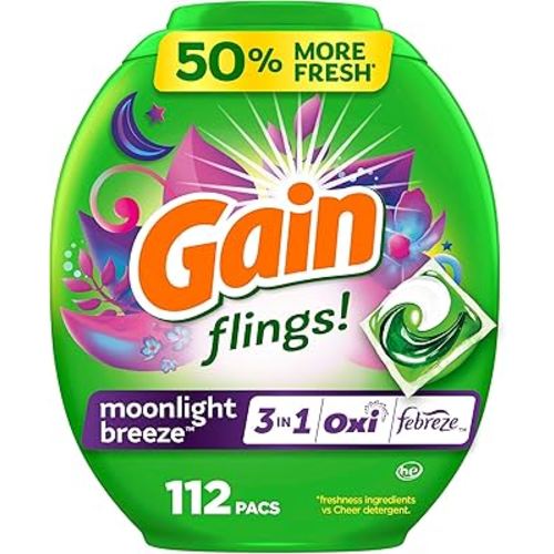 Gain FLINGS Laundry Detergent Soap Pacs, Long Lasting Scent Moonlight Breeze, HE Compatible, 112 ct, Gain Laundry Detergent, Laundry Pacs
