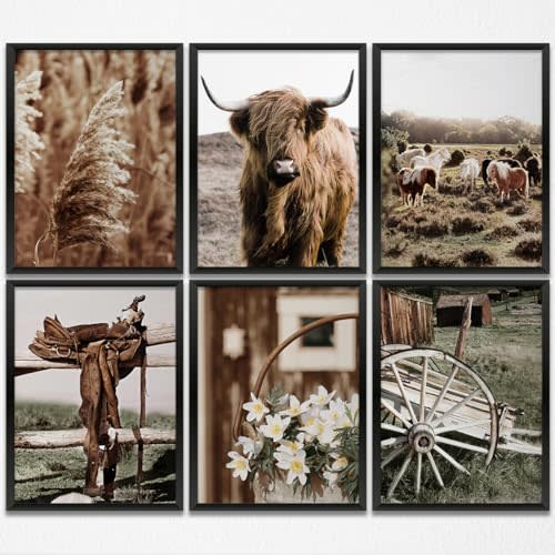 Vintage Farmhouse Cow Prints - 6PCS Wall Art Set (8x10 inch, Unframed) for Home, Bedroom, Kitchen, Bathroom, Rustic Western Country Decor