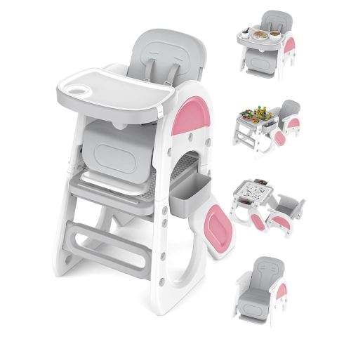 Baby High Chair & Toddler Table Set with Safety Harness, Adjustable Seat Back & Footrest (Pink)