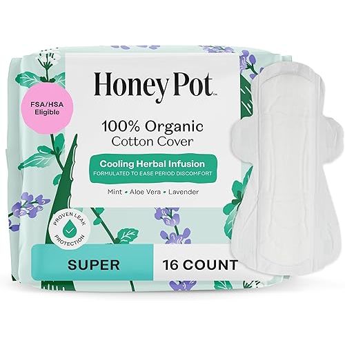 The Honey Pot Company - Herbal Pads for Women - Super w/Wings - Infused w/Essential Oils for Cooling Effect, Organic Cotton Cover, & Ultra-Absorbent Pulp Core - Feminine Care - 16 ct