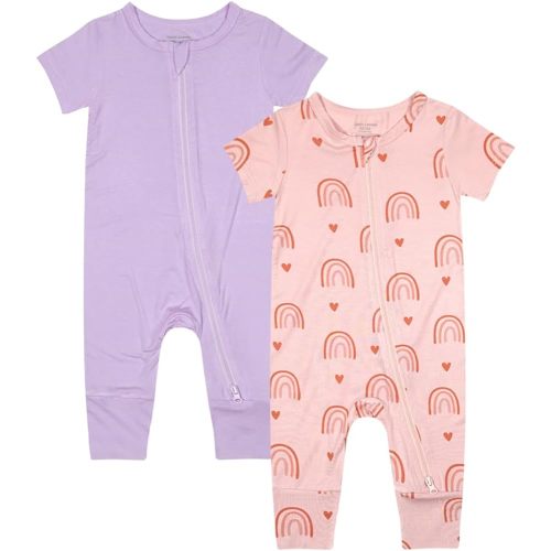Teach Leanbh Baby Boys Girls 2 Pack Bamboo Viscose Pajamas 2 Way Zipper Short Sleeve Romper Jumpsuit Sleep and Play
