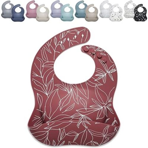 Goobie Baby Silicone Baby Bib with Food Catcher - Adjustable Waterproof Feeding Bib for Babies and Toddlers 4 to 36 Months in Stylish Colors for Girl and Boy - Modern, Soft, Easy to Clean (Foliage)