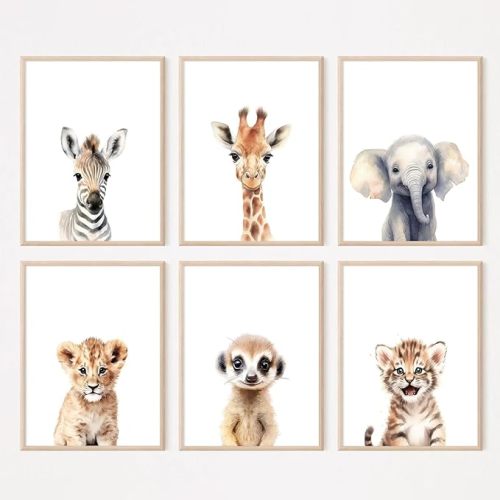 Safari Nursery Wall Art Decor Set of 6 Baby Animal Wall Art Kids Canvas Wall Art Safari Nursery Pictures Jungle Animal Prints Baby Boy Art Giraffe Painting for Room Bedroom 8x10 Inch Framed