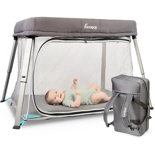 Hiccapop TravelPod Portable Crib for Baby, Lightweight, Foldable Travel Crib for Baby and Toddlers with Zippered Door, Waterproof Base & Carry Bag
