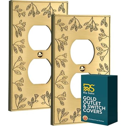 Rio Salto Duplex Outlet Covers Light Switch Cover Plate Gold Metal Decorative Floral Wall Plates — Floral Collection, Midsize 2-Pack, 5.00" X 3.13"