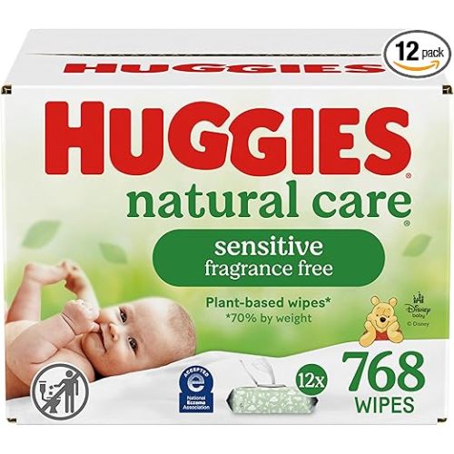 Huggies Natural Care Sensitive Baby Wipes, Unscented, Hypoallergenic, 99% Purified Water, 12 Flip-Top Packs (768 Wipes Total), Packaging May Vary