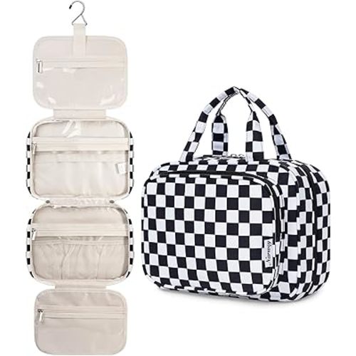 Narwey Hanging Toiletry Bag for Women Travel Makeup Bag Organizer Toiletries Bag for Travel Size Essentials Accessories Cosmetics (Black Checkerboard (Medium))