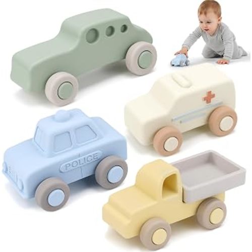 Silicone Baby Car Toys with Storage Box, Push & Pull Baby Toys(4 PCS)