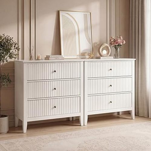 RoyalCraft Large 3 Drawer Dresser Set of 2, Fluted Wood Chest of Drawers with Storage, Modern Painted 30 inch Wide Nightstand for Bedroom Living Room Entryway, White
