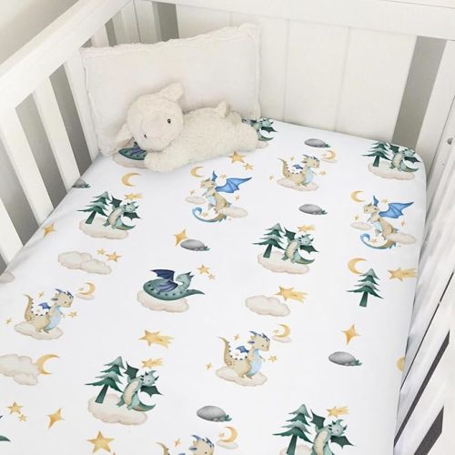 Cartoon Fairy Tale Dragon Moon Stars Clouds Trees Baby Crib Sheets 52''x28'' Watercolor Dragons Stretchy Fitted Crib Mattress Cover for Boy Girl Soft Bed Sheet for Standard Crib Toddler Mattress