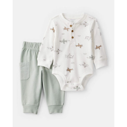 Baby Boy 2-Piece Airplane Thermal Bodysuit & Jogger Set - Green/White - Carter's | Carter's