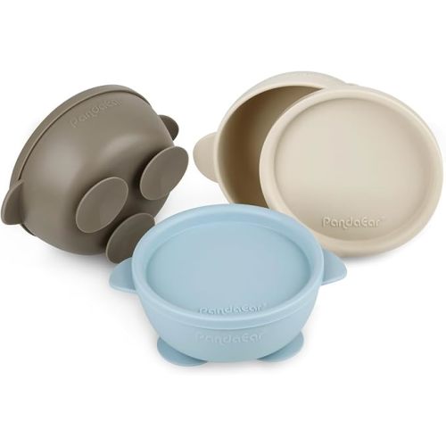 PandaEar 3 Pack Baby Suction Bowls with Lids| Leak-Proof Stay Put Silicone Food Bowl for Babies Kids Toddlers Infants| Food Grade Soft Safe BPA-Free Silicone (Blue Brown Tan)