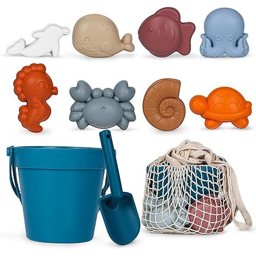 MarcZero 11Pcs Silicone Beach Toys,Modern Baby Beach Toys,Travel Friendly Beach Set,Eco Friendly Toy,Silicone Bucket, Shovel, 8 Sand Molds, Beach Bag,Silicone Sand Toys for Toddlers, Kids (Dark Blue)