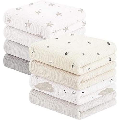 Susurration Muslin Baby Washcloths 23x23inch, Large Ultra-Absorbent 100% Cotton Baby Bath Wash Cloth Burp Cloth Soft Breathable Face Towel for Newborn Baby Boy and Girl, 8Pack (Woodland)