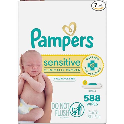 Pampers Baby Wipes Sensitive, Water Based Wipes, Hypoallergenic and Unscented for Babies, 588 Wipes Total (7 Refill Packs)
