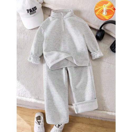 SHEIN Playful Pals 2pcs Young Girl Knitted Sweatshirt, Single-Sided Fleece Half-Zip Pullover Top, Casual Classic Versatile Light Gray 2 Pieces Set | SHEIN USA