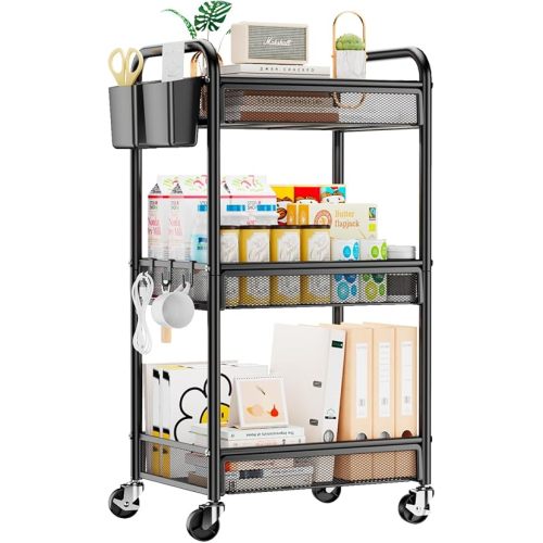 YASONIC 3 Tier Rolling Cart – Metal Utility Storage Carts with Wheels, Craft Cart Organizer with Hanging Cups, Hooks, Mesh Basket for Bedside Kitchen Office Art, Black