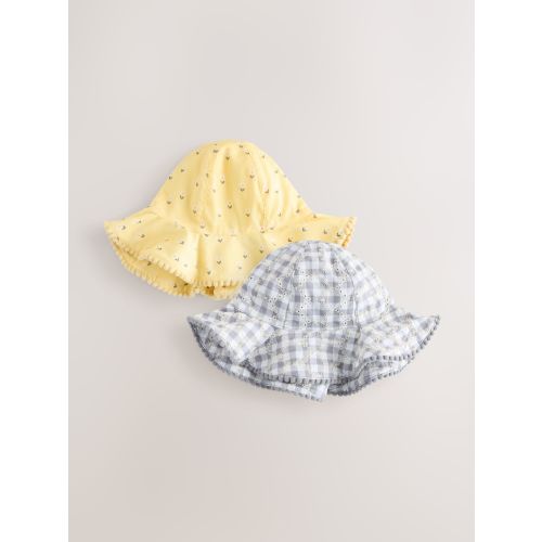 Yellow Floral Broderie and Grey Gingham Baby Bucket Hats 2 Pack (0mths-2yrs)