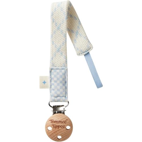 Tommee Tippee Comforter Clip, 0+ Months, 1 Pack, Organic Cotton, Compatible with Any Soother, Loop-on Design, Natural Beech Wood and Stainless Steel Soother Clip, Blue