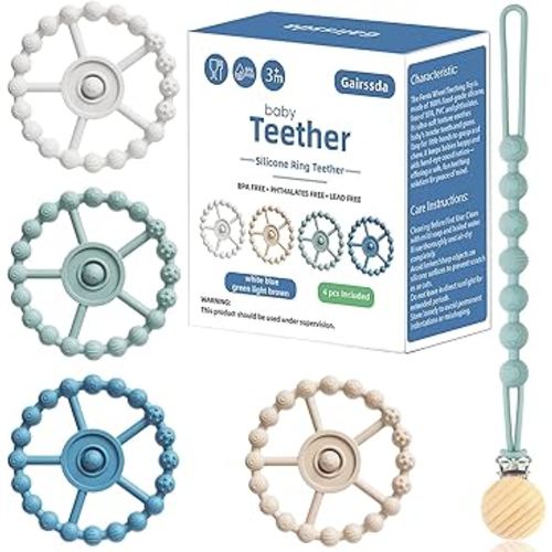 5 Pack Stylish Silicone Baby Teething Toys: 4 Teething Rings and Extra Silicone Clip, Toddler Teether, Teething Rings for Babies 0-6 Months 6-12 Months, Infant Teething Relief, 4 Month Baby Essentials