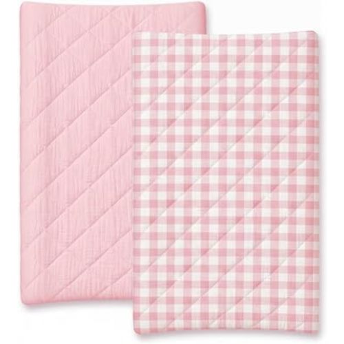 2 Pack 32"x16" Pink Gingham Quilted Changing Pad Covers