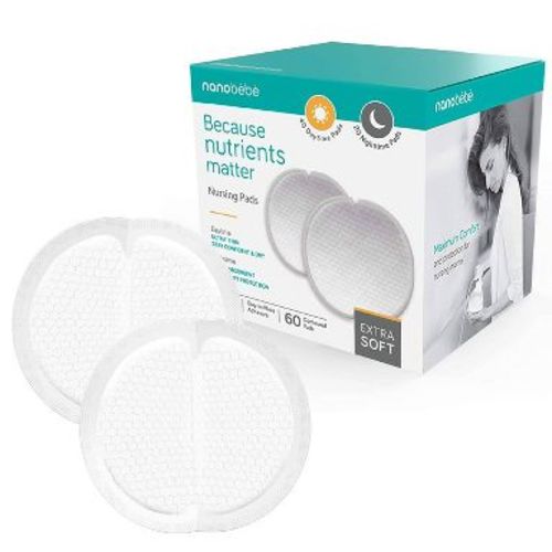 nanobebe Day and Night Nursing Pads - 60ct: Disposable, Extra Thin Profile, Contoured Fit, Leakproof Lining