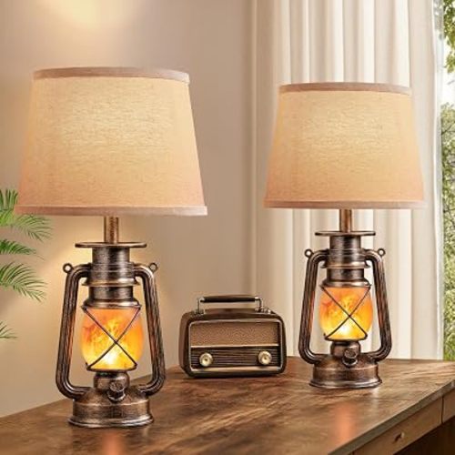LEDIARY 18.72" Black Gold Vintage Lantern Flickering Flame Table Lamps for Bedrooms Set of 2, Small Farmhouse Rustic Vintage End Table Lamps, Halloween Decorative Lantern Bedside Lamps for Living Room