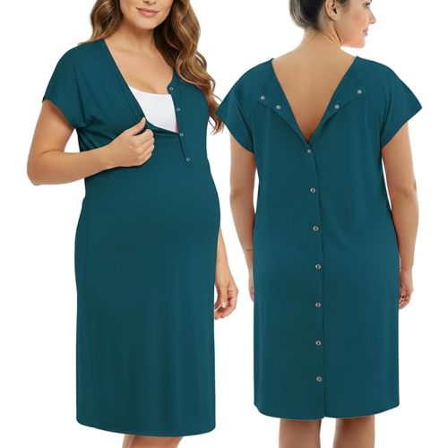 PATPAT Maternity Labor and Delivery Gown, 3 in 1 Hospital Nursing Nightgown with Easy Snaps, Skin-to-Skin Access & Pockets