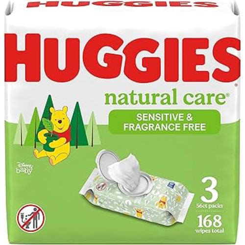 Huggies Natural Care Sensitive Baby Wipes, Unscented, Hypoallergenic, 99% Purified Water, 3 Flip-Top Packs (168 Wipes Total)