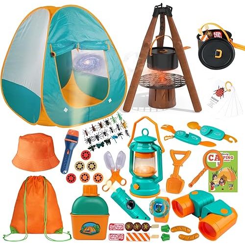 Kids Camping Set 50pcs with Tent & Space Projector Flashlight- Outdoor Campfire Toy Set for Toddlers Kids - Pretend Play Camp Gear Tools for Birthday Christmas