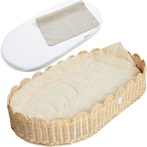 BEBE BASK Premium Baby Changing Basket - Artisan-Crafted Scalloped Rattan - Changing Basket for Baby Dresser - All Accessories Included - Complete Set for Nursery (Natural)