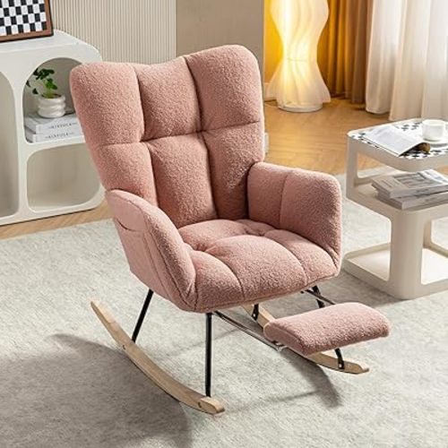 Nursery Rocking Chair Modern Upholstered Glider Rocker with Wing Backrest and Foot Rest, Teddy Rocker Accent Armchair with Solid Wood Legs and Pocket for Nursery Bedroom Living Room, Pink